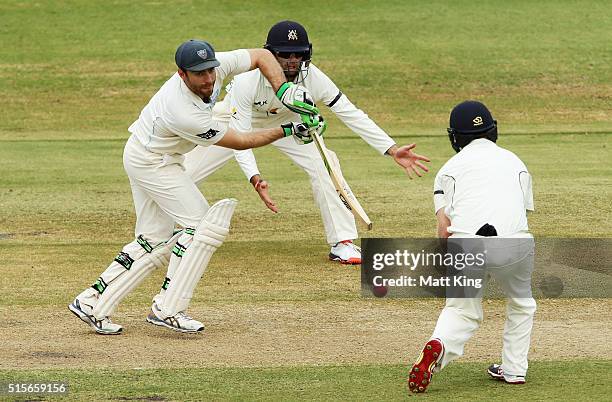 Ryan Carters of the Blues bats during day one of the Sheffield Shield match between Victoria and New South Wales at Traeger Park on March 15, 2016 in...