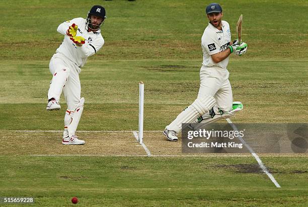 Ryan Carters of the Blues bats during day one of the Sheffield Shield match between Victoria and New South Wales at Traeger Park on March 15, 2016 in...