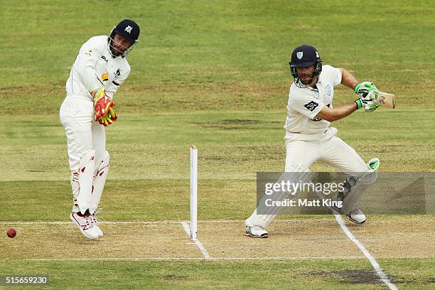 Ryan Carters of the Blues bats during day one of the Sheffield Shield match between Victoria and New South Wales at Traeger Park on March 15, 2016 in...