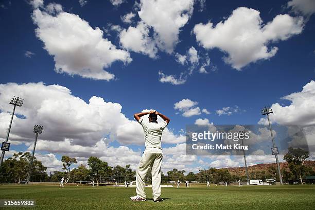 Marcus Stoinis of the Bushrangers fields on the boundary during day one of the Sheffield Shield match between Victoria and New South Wales at Traeger...