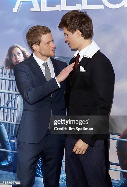 Actors Jonny Weston and Ansel Elgort attend the "Allegiant" New York premiere at AMC Loews Lincoln Square 13 theater on March 14, 2016 in New York...