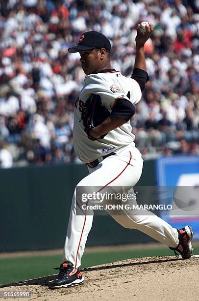 San Francisco Giants starting pitcher Livan Hernandez of Cuba releases a pitch against the New York Mets during Game 1 of the National League...