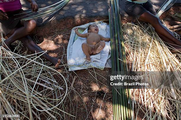 Black women make tapiti at Sao Raimundo Quilombo in Alcantara, Maranhao State, Northeastern Brazil - tapiti is a a long, tube-shaped basket of woven...