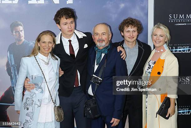 Grethe Barrett Holby, actor Ansel Elgort, Arthur Elgort and family attend the "Allegiant" New York premiere at AMC Loews Lincoln Square 13 theater on...