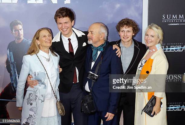 Grethe Barrett Holby, actor Ansel Elgort, Arthur Elgort and family attend the "Allegiant" New York premiere at AMC Loews Lincoln Square 13 theater on...