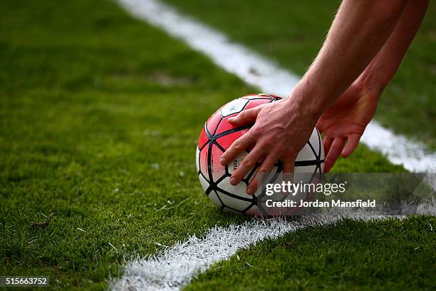 Premier Leauge ball is placed down before a corner kick during the Barclays Premier League match between A.F.C. Bournemouth and Swansea City at...