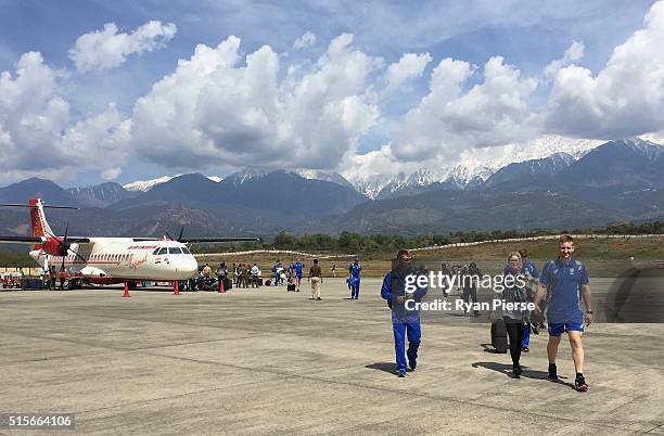 David Warner and Peter Nevill of Australia arrive at Dharamsala Airport ahead of the ICC 2016 Twenty20 World Cup on March 15, 2016 in Dharamsala,...