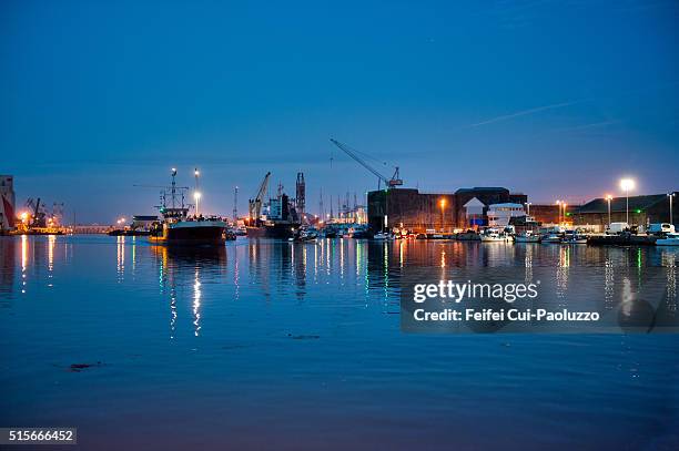 night harbor view at saint-nazaire, pays de la loire region, loire-atlantique department in western france - saint nazaire stock pictures, royalty-free photos & images