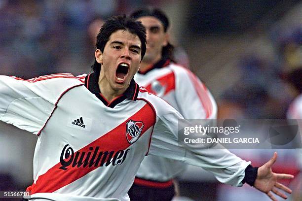 Javier Saviola of River Plate celebrates after his goal 15 October 2000 during a game against Boca Juniors at the Monumental de River stadium in...