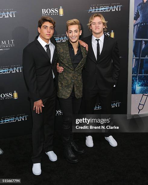 Daniel Lara, Frankie Grande and Joshua Holz attend the premiere of "Allegiant" held at the AMC Loews Lincoln Square 13 theater on March 14, 2016 in...