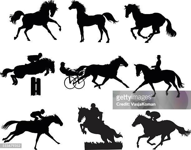 neun pferd silhouetten-set - equestrian show jumping stock-grafiken, -clipart, -cartoons und -symbole