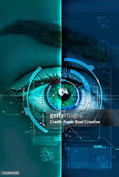 digital blue and green scan of a woman's eye - iris scan stock pictures, royalty-free photos & images