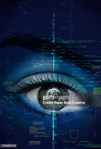 close up of a woman's eye with graphics and scans - occhi verdi foto e immagini stock