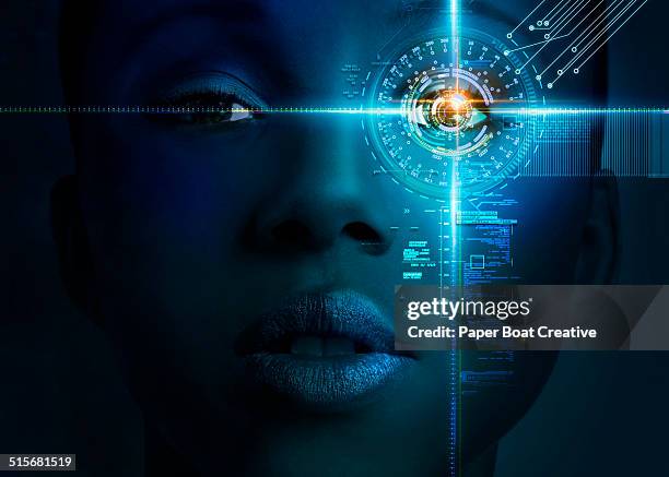 virtual scan of the iris with futuristic graphics - digital human face stock pictures, royalty-free photos & images