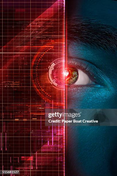 red graphics over a man's iris and pupil - corrects stockfoto's en -beelden