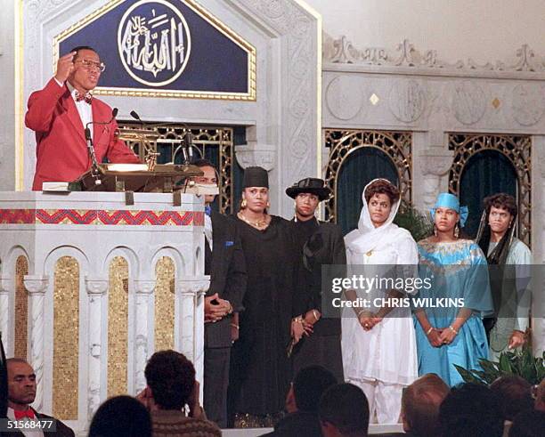 Nation of Islam leader Louis Farrakhan is joined onstage by his wife and daughters in Chicago 17 January as he makes his first public statement on...