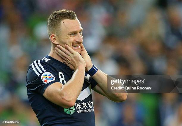 Besart Berisha of the Victory reacts after missing a goal opportunity during the AFC Champions League match between the Melbourne Victory and Suwon...