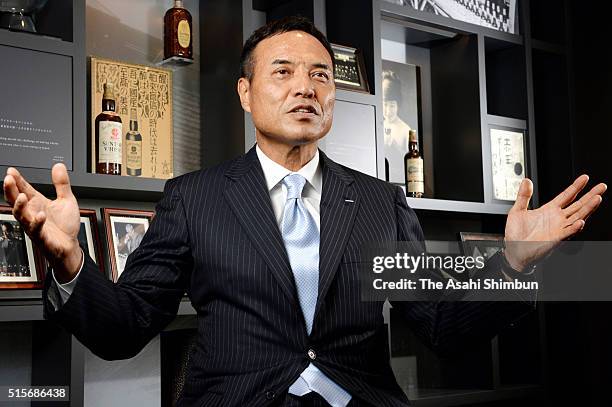 Suntory Holdings President Takeshi Niinami speaks during the Asahi Shimbun interview on March 9, 2016 in Tokyo, Japan.