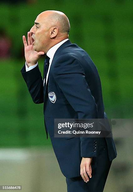 Kevin Muscat the coach of the Victory gives instructions from the sidelines during the AFC Champions League match between the Melbourne Victory and...