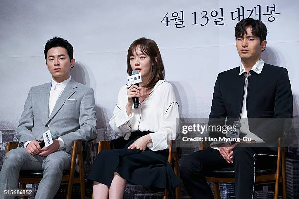 South Korean actors Cho Jung-Seok, Lim Soo-Jung and Lee Jin-Uk attend the press conference for "Time Renegades" on March 15, 2016 in Seoul, South...