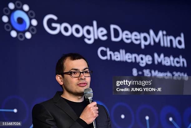 Google Deepmind head Demis Hassabis speaks during a post-match press conference after the fifth and final game of the Google DeepMind Challenge Match...