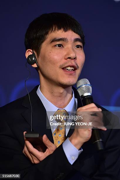 Lee Se-Dol, one of the greatest modern players of the ancient board game Go, speaks at a post-match press conference after the fifth and final game...