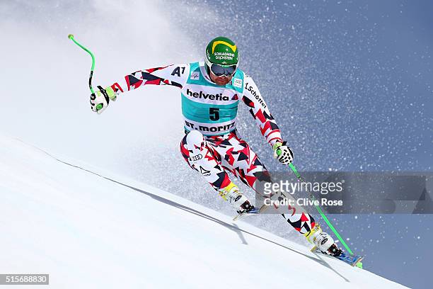 Klaus Kroell of Austria in action during the Audi FIS Alpine Skiing World Cup downhill training on March 15, 2016 in St Moritz, Switzerland.