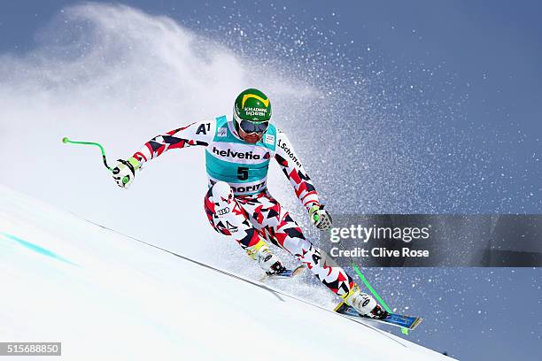 Klaus Kroell of Austria in action during the Audi FIS Alpine Skiing World Cup downhill training on March 15, 2016 in St Moritz, Switzerland.