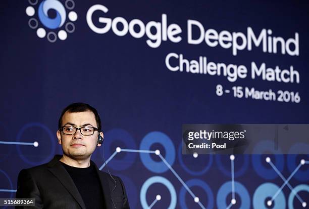 Demis Hassabis, co-founder of Google's artificial intelligence startup DeepMind. Speaks during a press conference after finishing the final match of...