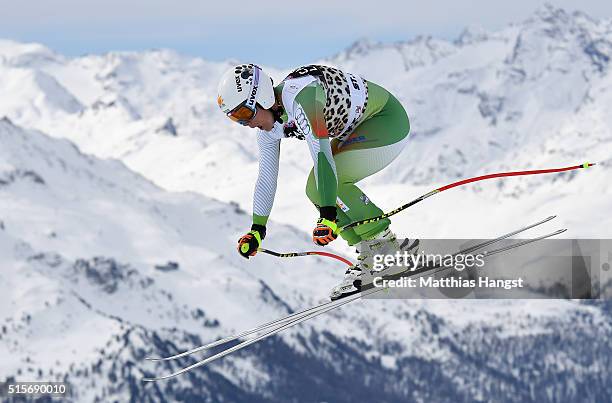 Edit Miklos of Hungary in action during the Audi FIS Alpine Skiing World Cup downhill training on March 15, 2016 in St Moritz, Switzerland.
