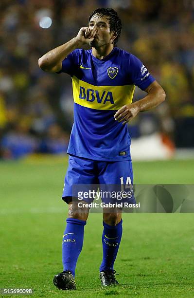 Nicolas Lodeiro of Boca Juniors celebrates after scoring the first goal of his team during a match between Boca Juniors and Union as part of Torneo...