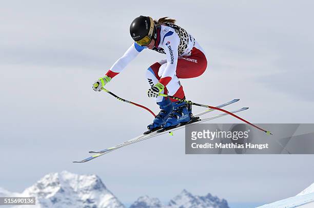 Fabienne Suter of Switzerland in action during the Audi FIS Alpine Skiing World Cup downhill training on March 15, 2016 in St Moritz, Switzerland.