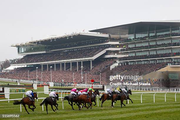 Runners and riders take part in the Sky Bet Supreme Novices' Hurdle Race on day one, Champion Day, of the Cheltenham Festival at Cheltenham...