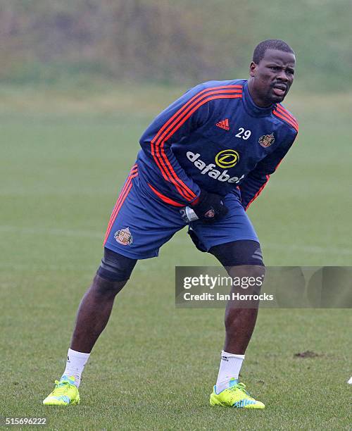 Emmanuel Eboue during a Sunderland training session at the Academy of Light on March 15, 2016 in Sunderland, England.