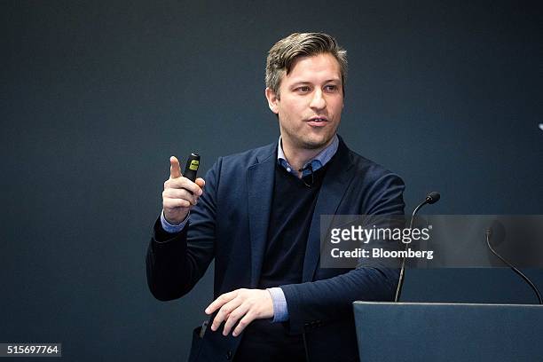 Florian Meissner, chief executive officer of EyeEm Mobile GmbH, gestures as he speaks during the Goldman Sachs Disruptive Technology Symposium 2016...