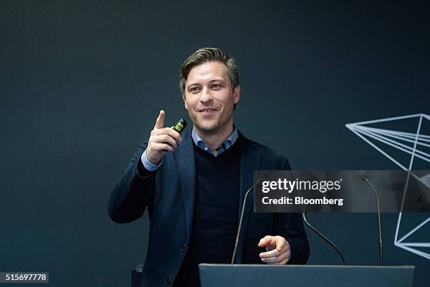 Florian Meissner, chief executive officer of EyeEm Mobile GmbH, gestures as he speaks during the Goldman Sachs Disruptive Technology Symposium 2016...