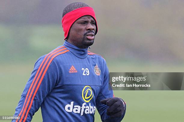 Emmanuel Eboue during a Sunderland training session at the Academy of Light on March 15, 2016 in Sunderland, England.