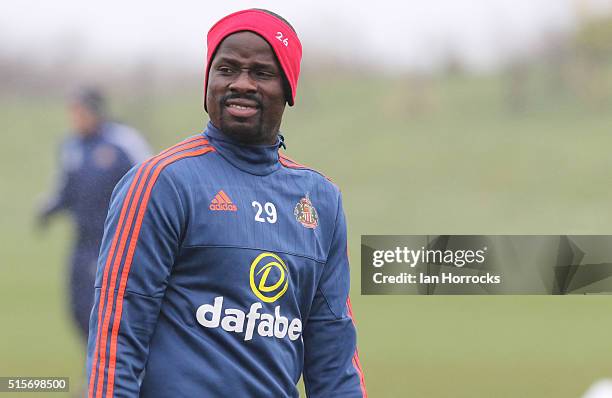 Emmanuel Eboue during a Sunderland training session at the Academy of Light on March 15, 2016 in Sunderland, England.