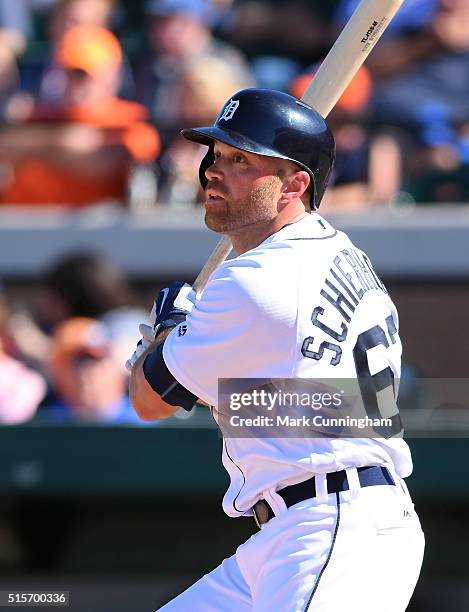 Nate Schierholtz of the Detroit Tigers bats during the Spring Training game against the New York Yankees at Joker Marchant Stadium on March 4, 2016...