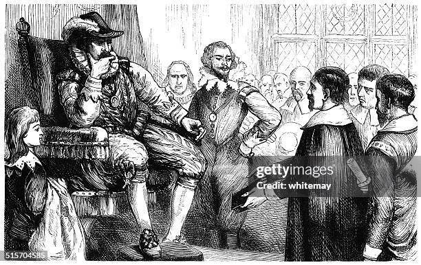 ilustraciones, imágenes clip art, dibujos animados e iconos de stock de entrevista del puritans james i con cama king - king james i of england