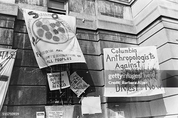 Banners at anti-apartheid protest by students at the entrance to the Hamilton Hall building of Columbia University, New York City, 4th April 1984....