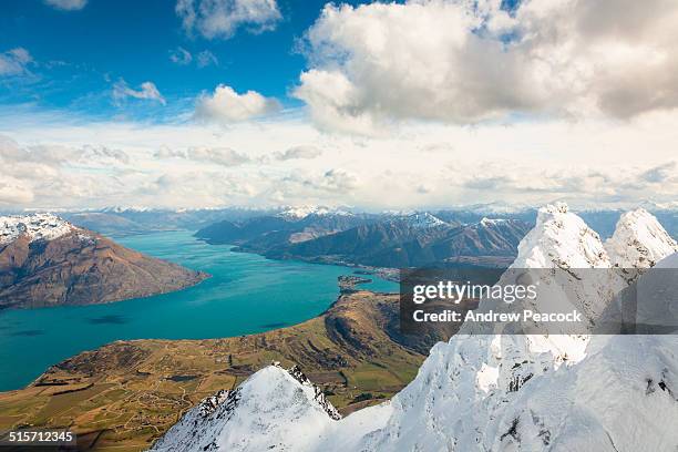 lake wakatipu seen from the remarkables range. - the remarkables stock pictures, royalty-free photos & images