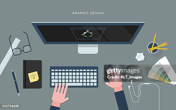 flache abbildung der person am schreibtisch mit computer, grafik-design - office desk stock-grafiken, -clipart, -cartoons und -symbole