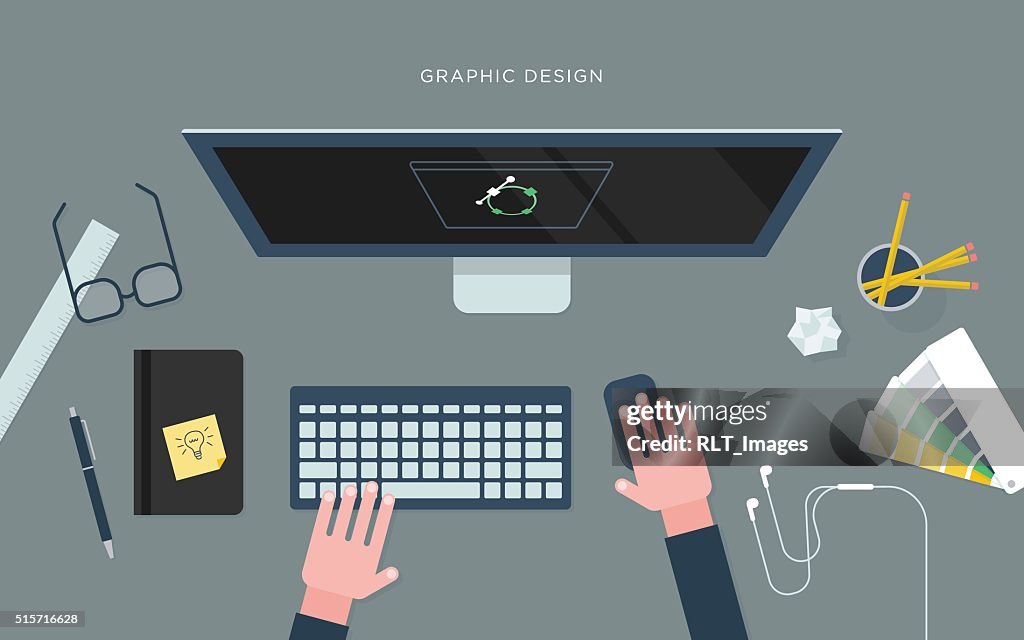 Computer Person Graphics Flat Illustration Of Person At Desk With Computer Graphic Design High ...