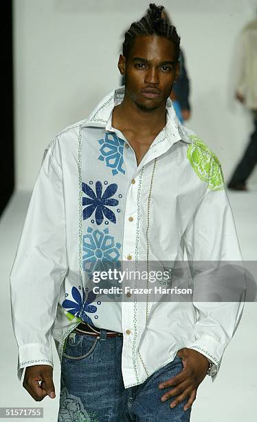 Model walks down the runway at the Enyce/Lady Enyce Spring 2005 show during the Mercedes-Benz Fashion Week at Smashbox Studios in Culver City,...
