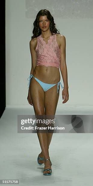 Model walks down the runway at the Enyce/Lady Enyce Spring 2005 show during the Mercedes-Benz Fashion Week at Smashbox Studios in Culver City,...