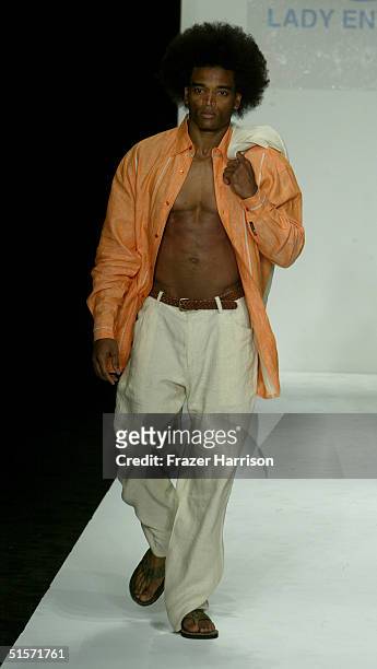 Model walks down the runway at the Enyce/Lady Enyce Spring 2005 show during the Mercedes-Benz Fashion Week at Smashbox Studios in Culver City,...