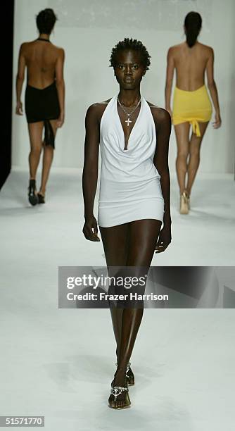 Model walks down the runway at the Enyce/Lady Enyce Spring 2005 show during the Mercedes-Benz Fashion Week at Smashbox Studios in Culver City,...