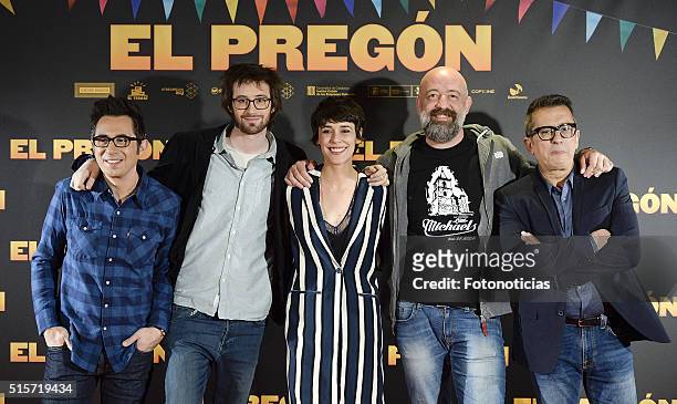 Berto Romero, Dani de la Orden, Belen Cuesta, Goyo Jimenez and Andreu Buenafuente attend 'El Pregon' photocall at the ME hotel on March 15, 2016 in...