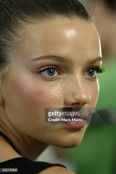 Model prepares backstage for the Enyce/Lady Enyce Spring 2005 show at the Mercedes-Benz Fashion Week at Smashbox Studios in Culver City, California.